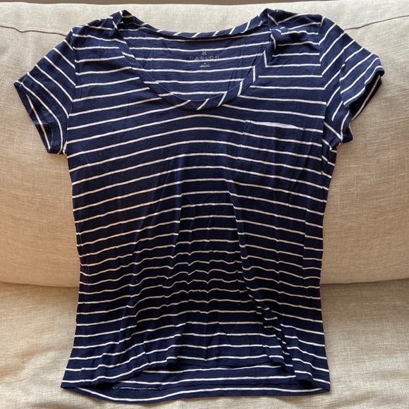 Caslon rounded v-neck tee shirt. Navy and white stripe. Size medium. - Picture 1 of 5
